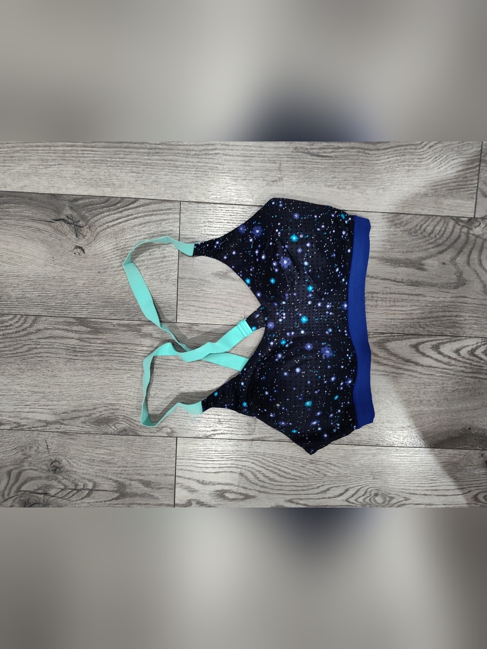 Victoria's Secret Black Galaxy Print Sports Bra with Teal Straps